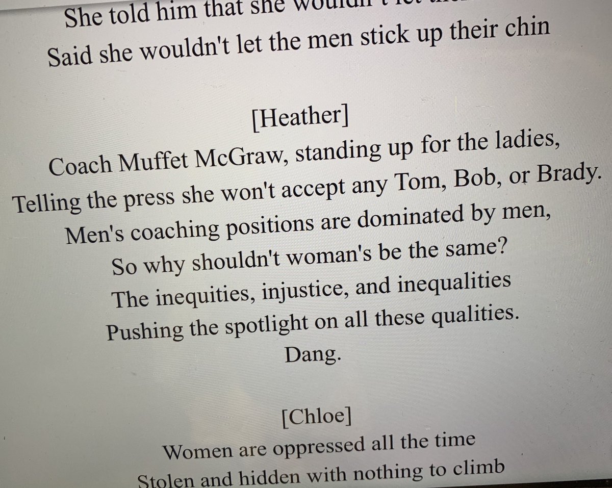 kyleutsumi's tweet photo. @ndwbb @MuffetMcGraw Showed this clip to my 8th grade Humanities class this morning. Minutes later, a shoutout to @MuffetMcGraw appeared in a rap writing project (theme: social inequality) https://t.co/mNLoRzA3xU