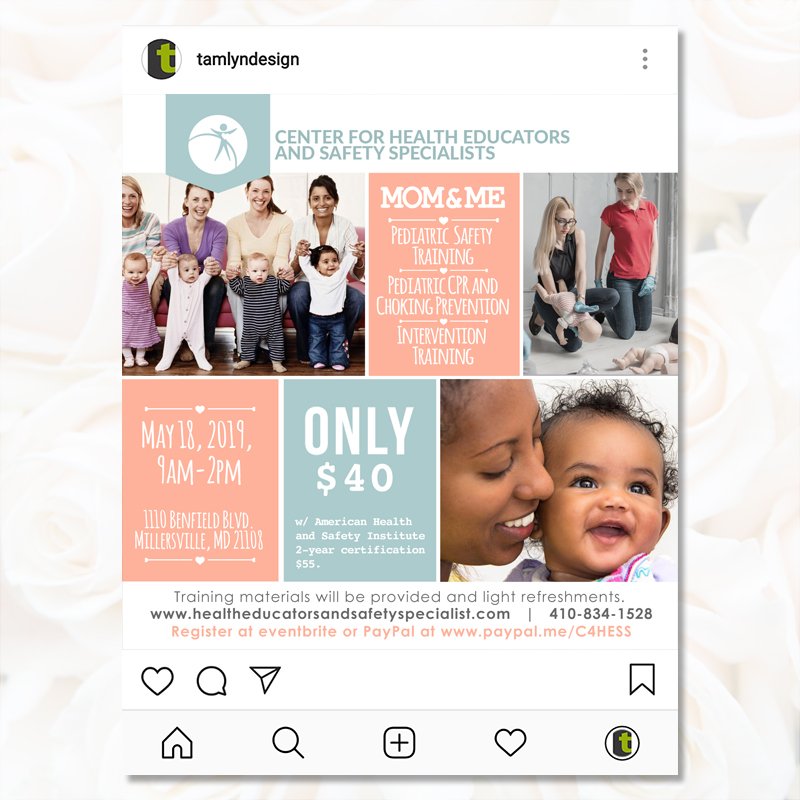 Mom + Me social media graphic designed for the Center for Health Educators. #socialmediagraphics #socialmediabranding #designedbytamlyn #designsthatPOP #putmetoworkforyou #tamlyndesign #web #print #logos #branding