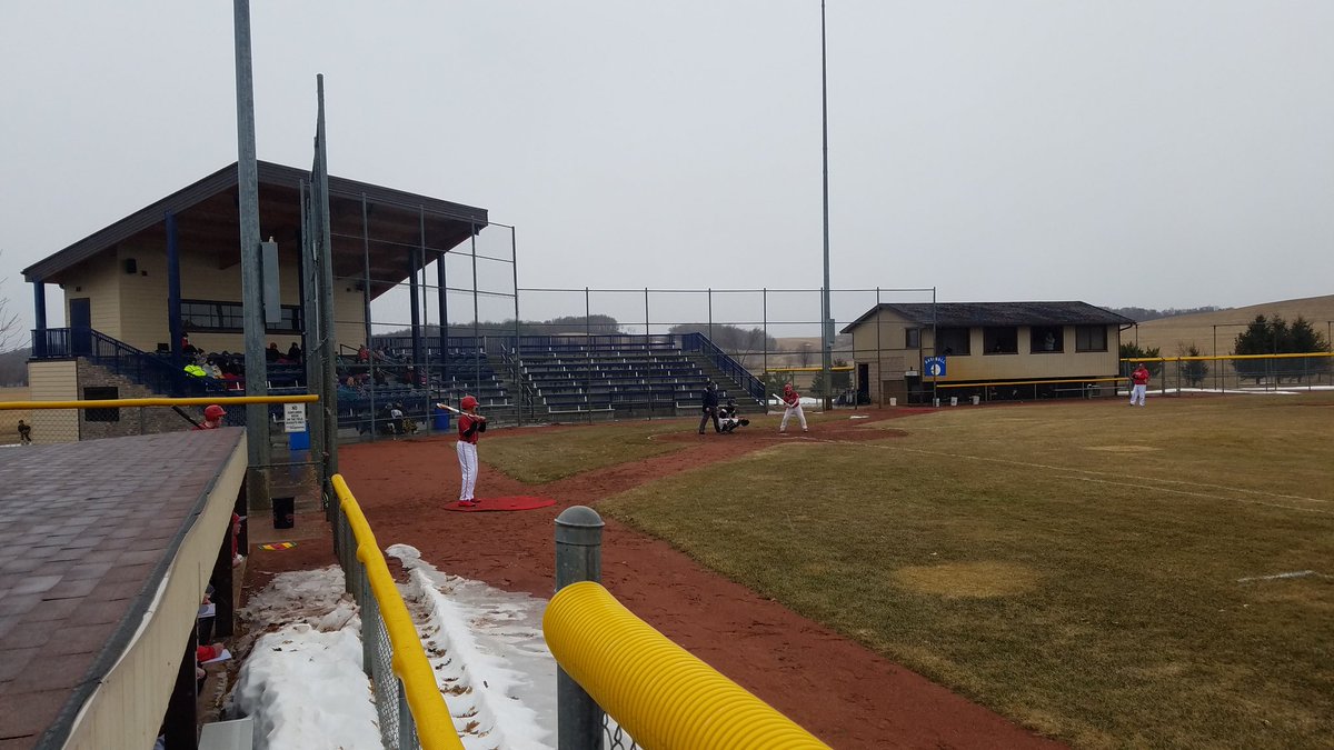 NBGX3Media's tweet photo. Snow on the field, but we baseballed anyways... Merchants Field in Osseo is a must-visit place if you like baseball.  ...wish other schools/communities invested in their main diamonds like this... @ofsdthunder #ofthunder https://t.co/VLPPtvjXNZ