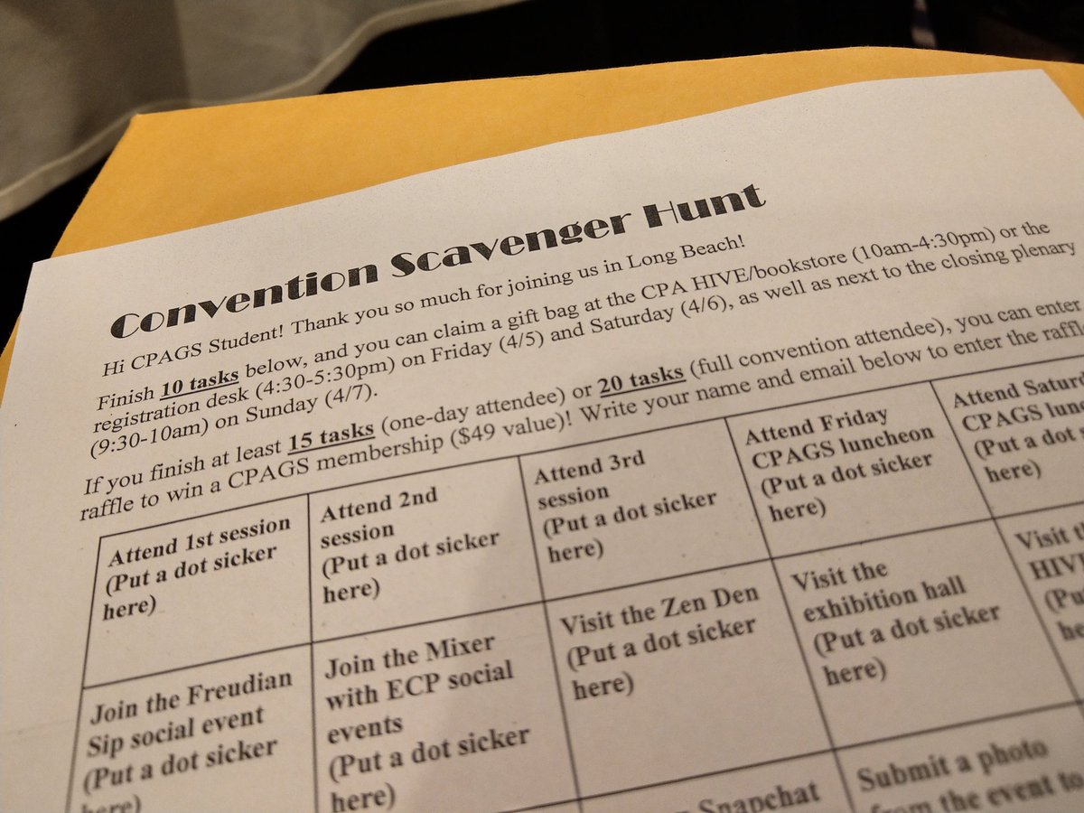 PsychGrads's tweet photo. Hey CPAGS! Convention scavenger hunt IS ON!
Finish 10 tasks to grab a gift bag!
Look for the dot stickers around you for the missions on the top two rows 😉 #cpapsych19 #cpa #cpags https://t.co/XVDVhvaXrj