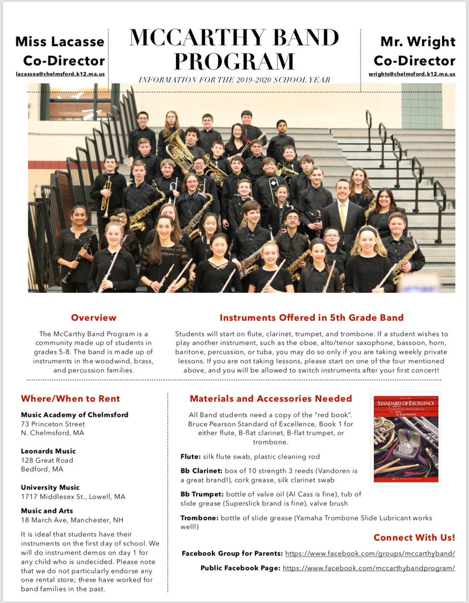 Incoming 5th graders, we are so excited to meet you next year! Here is the basic info that you need to know for beginning band in the 2019-2020 school year. ⁦@ChristyWhittles⁩ ⁦<a href="/SouthRowMusic/">🎶 Mrs. Cooper 🎶 She/Her/Hers</a>⁩ ⁦<a href="/CenterSMusic/">Ms. Errgong-Weider</a>⁩