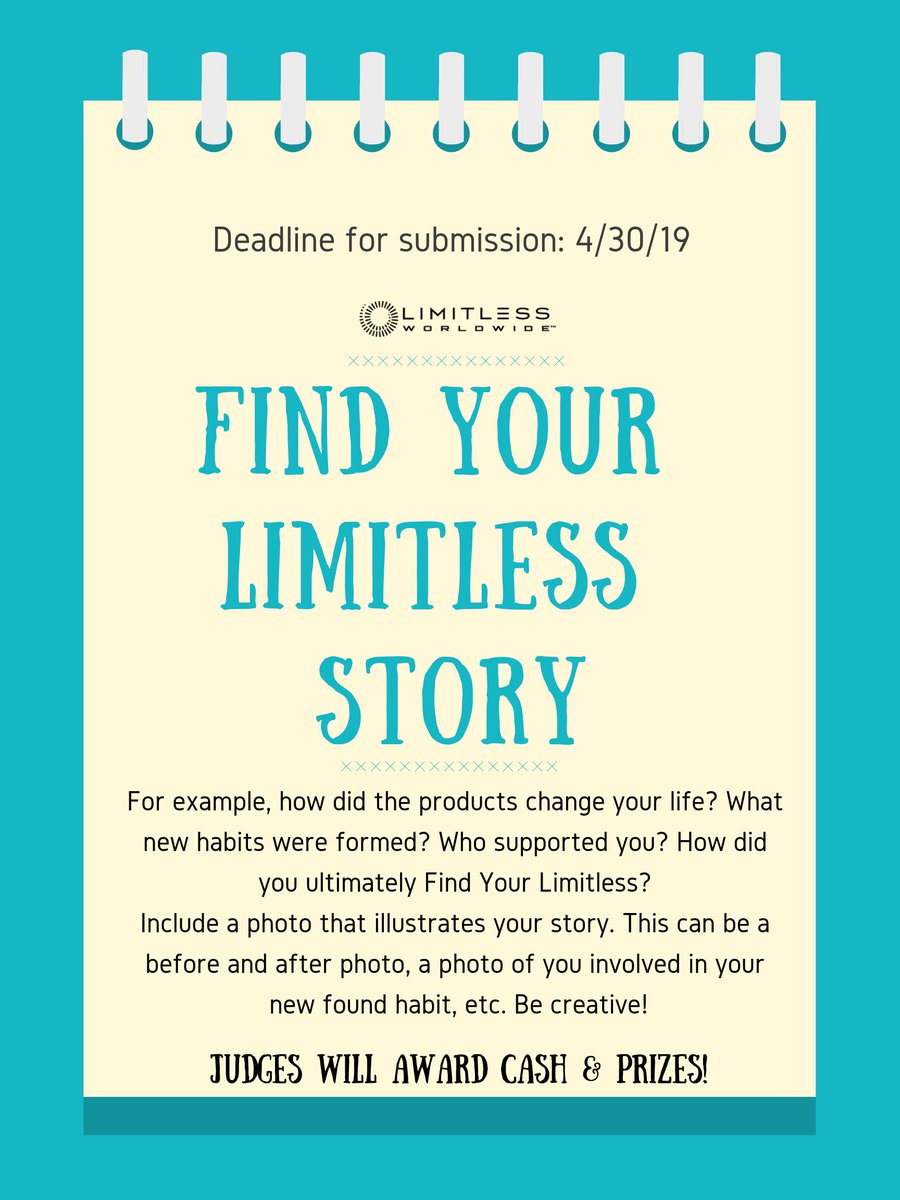 LimitlessWWLLC's tweet photo. One final step in the 2019 FYL Contest!

Did you purchase a Find Your Limitless pak on autoship during the promotion months of January, February, and March 2019? If so, don't forget to submit your story!

Send us your written statement + photo to support@limitlessww.com! https://t.co/hMiTwGJWnl