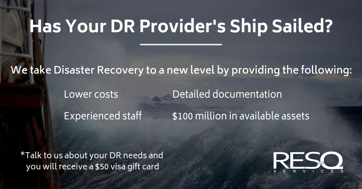 Has your current #DR provider's ship sailed &amp; left you searching for better service? RES-Q™ is to the rescue! If you're interested in a conversation about your DR needs, schedule a call, and we'll send you a $50 visa gift card for your time. You can reach us at info@resqdr.com.