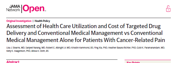 JasonSchwalbMD's tweet photo. Important paper!  Not only does aggressive treatment of cancer-related pain with intrathecal therapy result in less suffering, it's a lot cheaper, in spite of the cost of the implant. We need to look at this for cordotomy and other options. @HenryFordNeuro #painsection https://t.co/RUqlhUsIkk