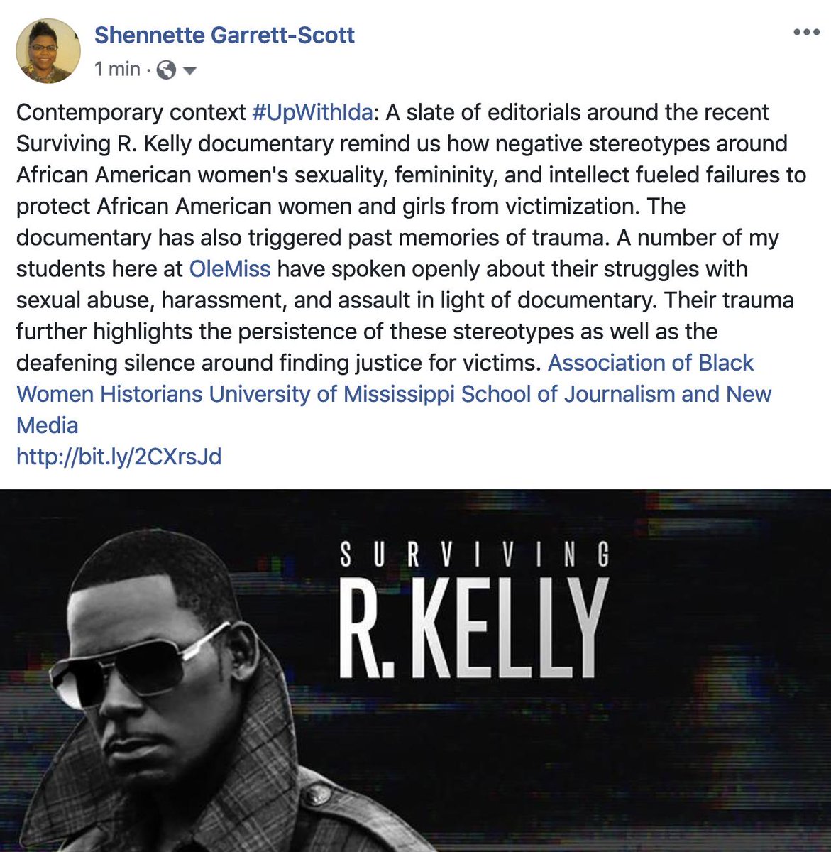 EbonRebel's tweet photo. Contemporary context #UpWithIda: Editorials around the @SurvivingRKelly documentary remind us how negative stereotypes around black women and girls' sexuality, femininity, and intellect fuels failures to protect them from victimization. @ABWHTruth https://t.co/neLAjKachR https://t.co/0M2BUGxtPK