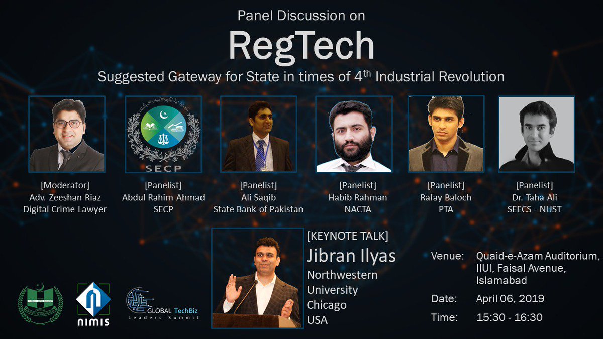 NimisDotAsia's tweet photo. Panel Discussion on #Regulatory #Technologies tomorrow at 15:30 in Old #IIUI Campus Auditorium #Islamabad. Theme is RegTech: Suggested #Gateway for State in times of #4IR. Panelists from #SBP #SECP #NACTA #PTA &amp; #NUST. Talk by @jibranilyas.

#RegTech #FinTech #NIMIS #Pakistan https://t.co/ACPn7fKy55