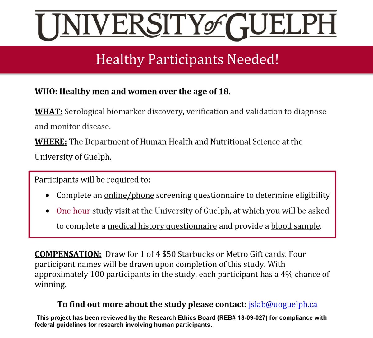 📢 WE WANT YOU!

👉 SUBJECTS WANTED:
🧬 Biomarker Discovery Study <a href="/UofG_HHNS/">HHNS at UofG</a>
🔬 <a href="/UofGResearch/">UofGResearch</a>

📝 Sign Up with Sidra!
📧 jslab@uoguelph.ca
☕️ Chance to Win 1 of 4 Starbucks or Metro Gift Cards!
🔍 uoguel.ph/vr-23

🎓 #Research #WomenInScience #Biomarker