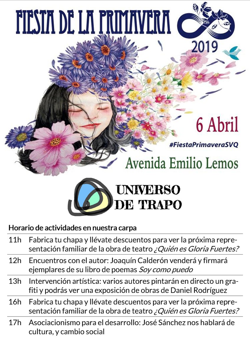 Universodtrapo's tweet photo. Mañana sábado 6 de abril os esperamos en la #FiestaPrimaveraSVQ del @Ayto_Sevilla con las actividades que os proponemos más abajo. Estarán @Jcalderonmusico @produccionsFaRe @dassterix @manuells12 y @JoseSanchezHida https://t.co/u4MerK9inx
