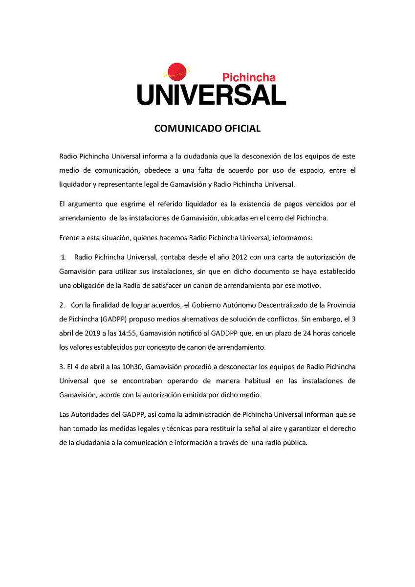Radio Pichincha Universal toma medidas legales