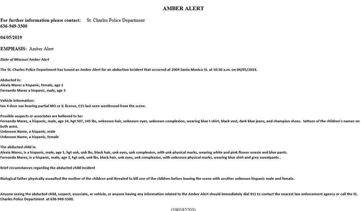 RobertDEdwards's tweet photo. #BREAKING: Amber Alert in St. Charles. Police say Fernando Marez  physically assaulted mom of two kids this morning, threatened to kill one child and took off with three-year-old and one-year-old. Driving tan, four-door SUV. Full details below. No pictures yet. PLEASE SHARE. https://t.co/9tGnEZeKpV