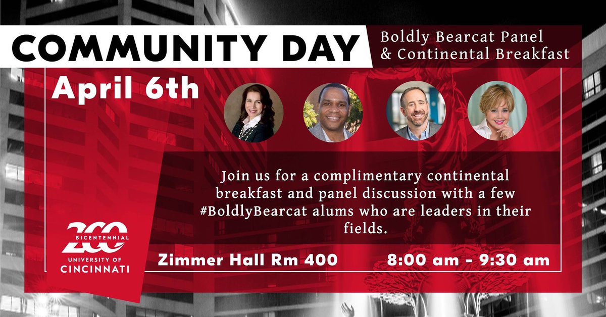 uofcincyfound's tweet image. Join us tomorrow on FB, 8:30-9:30a. We’ll be live-streaming the kickoff to @uofcincy’s Community Day with Shakila Ahmad, @ericbroyles, @CincyBell’s Leigh Fox, moderated by Dianne Dunkelman. #BoldlyBearcat #UC200 @Prez_Landgren @JenHeisey @Prez_Pinto @DeanRobinUCBA @CCK_LadyDi