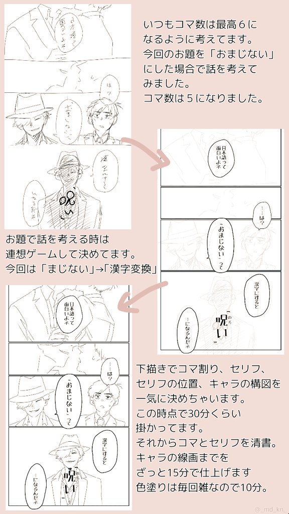 こちらのコメントをくださった方へ届きますように!
見せ場になるシーンのコマを先に決めると残りのコマを考えるのが楽ですよ。今回の見せ場は最後のちょっと怖いドンなので一番大きいコマにしました! 