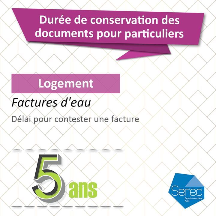 SERECExperts's tweet image. Durée de conservation des documents pour particuliers 

Factures d'eau : 5 ans
Délai pour contester une facture.
Pour réclamer un paiement, votre fournisseur a :
- 4 ans (fournisseur public),
- 2 ans (fournisseur privé). #serecexperts