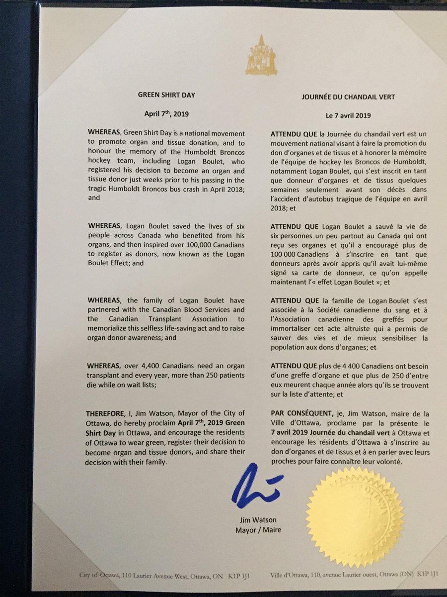 lisamircamp's tweet photo. Thanks to the City of Ottawa and Mayor Jim Watson for proclaiming April 7 Green Shirt Day. Register. Tell your family. Become an organ donor. #GreenShirtDay #LoganBouletEffect. Share the heck out of this ⁦@GreenShirtDay⁩ ⁦@JimWatsonOttawa⁩ https://t.co/wswi6L2lNM