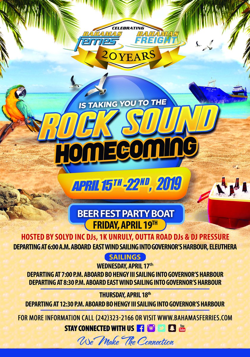 BahamasFerries's tweet photo. BFF's get ready! The Rock Sound Homecoming is happening soon! #RockSoundEleuthera #Homecoming #NumberOnePartyBoats
#LetsGoHome #BahamasFerries https://t.co/F7SF8Fz5Sn