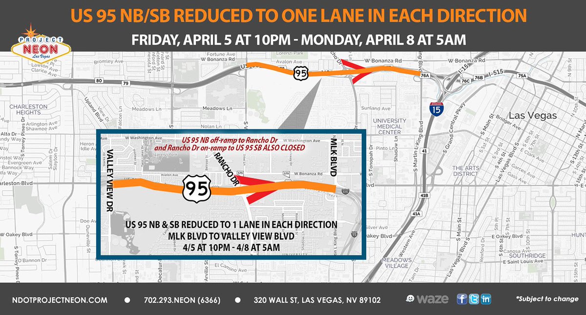 ClarkCountyNV's tweet photo. #TrafficAlert ๐๐ from @NDOTProjectNeon and @nevadadot.
US 95 Reduced to 1-Lane Each Way Between MLK and Valley View From 10pm tonight until 5am Monday in Las #Vegas. Look for alternate routes - drivers could see some delays. #NeonMainEvent
https://t.co/TvwOUglf0z https://t.co/lVT0c5U5gN