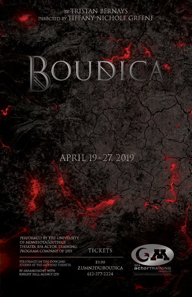 UMTAD's tweet photo. Have you spotted a #UMNBoudica poster yet?! They're hot off the presses! 😮Postcards and posters available in the Rarig Center lobby! #TADTalent #TADProud #BFAActing https://t.co/Qd58RvQ0xH