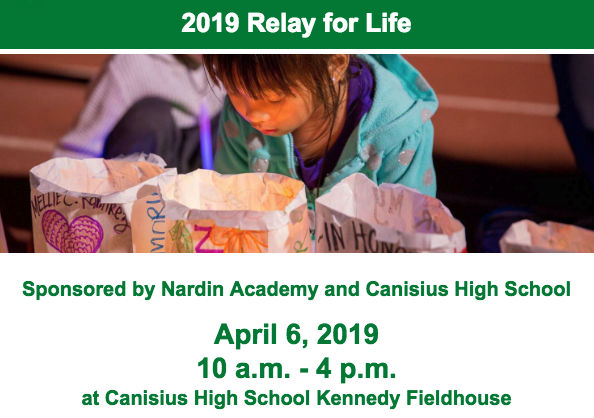 NardinAcademy's tweet photo. Don't miss RELAY FOR LIFE - this Saturday!

Join Nardin and @CanisiusHS to celebrate life and fight back against cancer.

The event is free for children (Grade 8 and under) and admission for adults and students in Grade 9 - 12 is $15. @AmericanCancer #Buffalo #relayforlife https://t.co/kamKJlXOlF