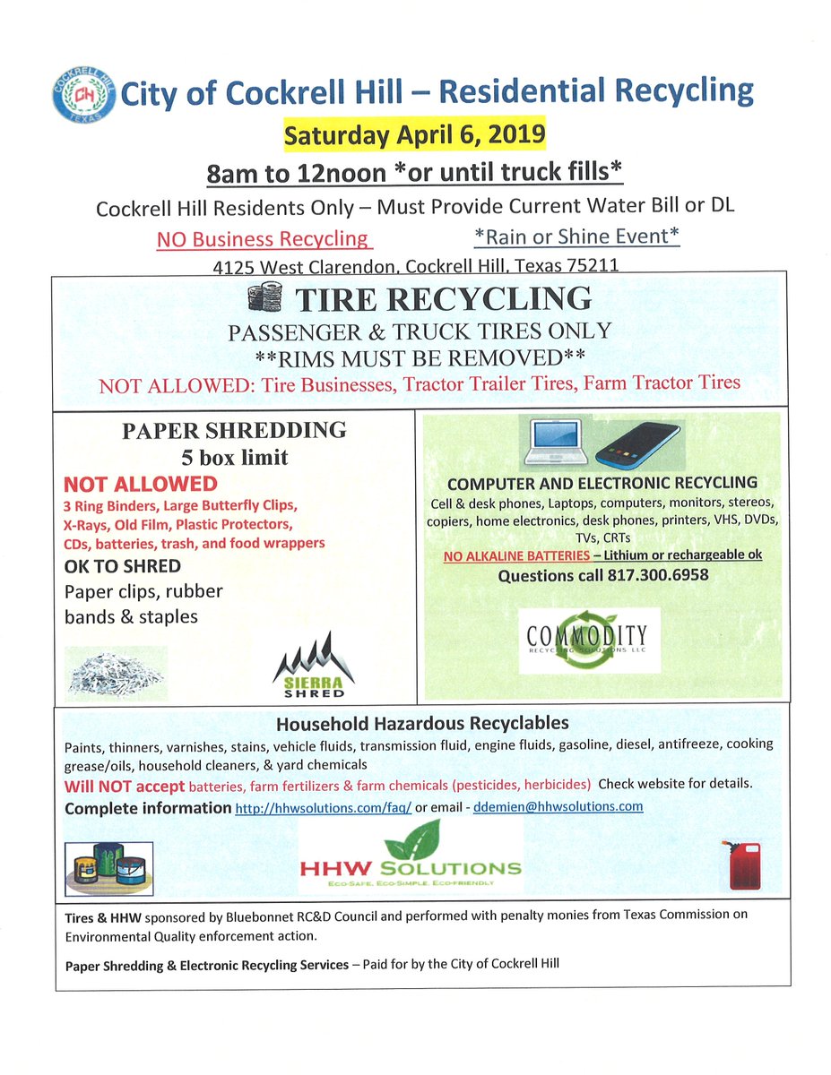 CTCockrellHill's tweet photo. @CockrellHillPD Hill Recycling Event Saturday April 6th 2019 from 8 am to 12 pm. Cockrell Hill residents please bring your water bill or id to participate.

We have paper shredding, household waste recycling, used tire recycling, and electronic recycling all free. https://t.co/xC8jHcVBTE