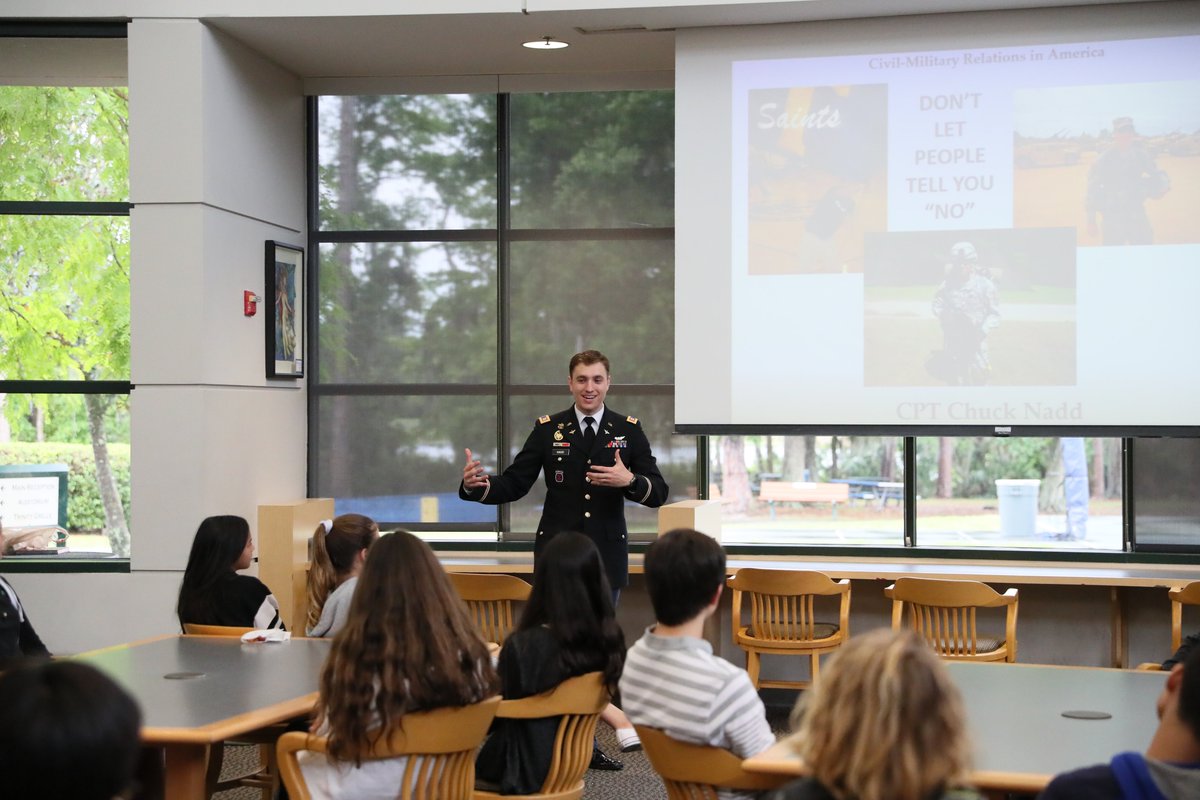 TrinityPrepFL's tweet photo. We were lucky to have CPT Chuck Nadd '07 on campus today teaching his Civil-Military Relations lesson to 8th grade civics classes for the 10th year! Thank you, CPT Nadd! #TPSlearns #TrinityPrepFL https://t.co/rLHa19F3Lp