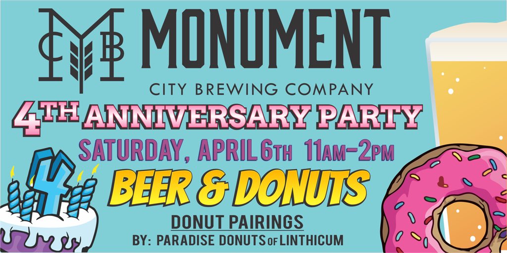Tomorrow Grt a jump on <a href="/MonumentBrewing/">MonumentCityBrewing</a> #anniversaryparty join us from 11-2 and try the #beer and donuts pairings from @LinthicumDonuts and sample the new #craftbeer from Monument!! #allaboutlocal
