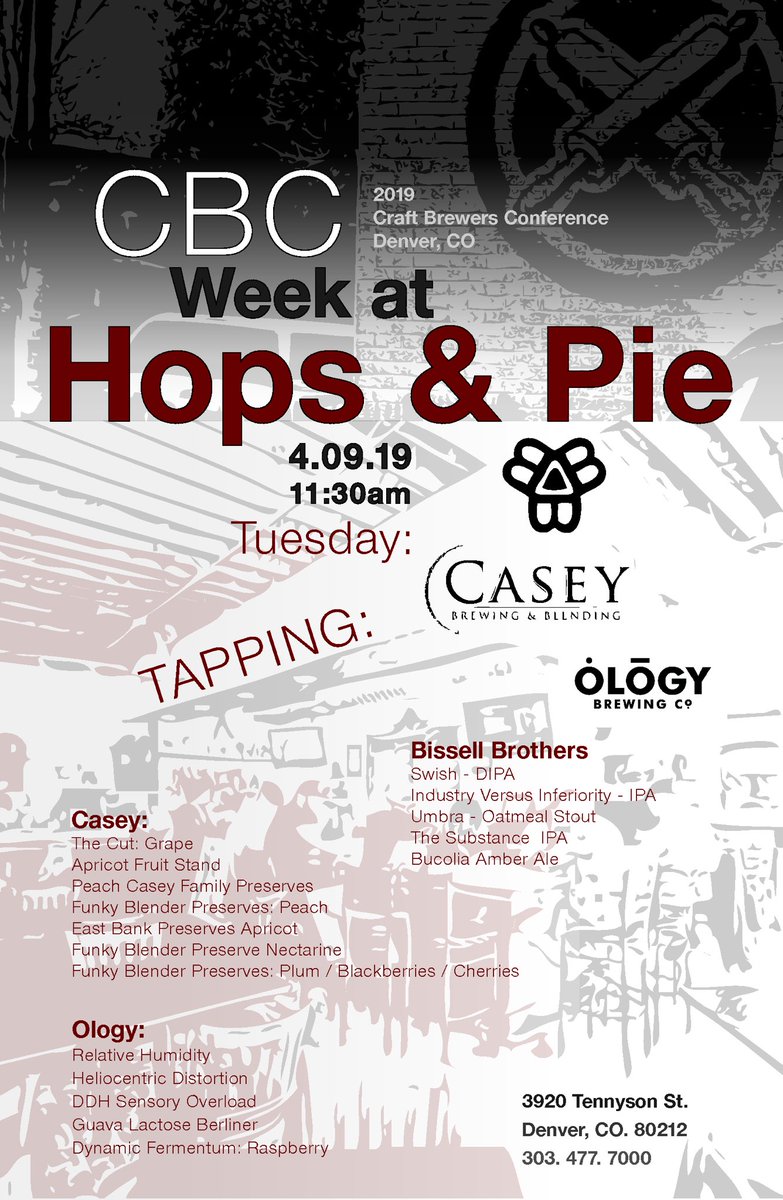ologybrewing's tweet photo. Looking forward to serving some brews alongside some great breweries at Hops and Pie 4.9.19 during #craftbrewersconference2019 #cbcdenver
@caseybrewing @bissellbrothers @hopsandpiedenver https://t.co/h2gk92tcSb