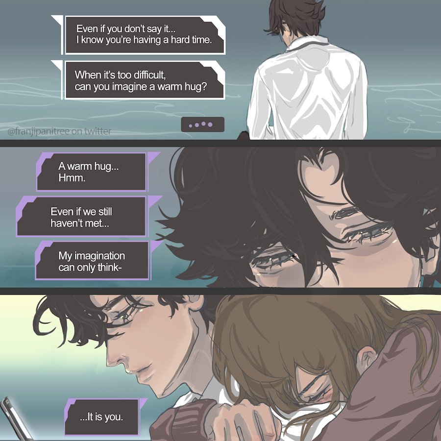 franjipanitree's tweet photo. Imagination brings us together. Now, hug! 💜😢
#mysticmessenger #hanjumin #juminhan #fanart https://t.co/FxBiqDExGd