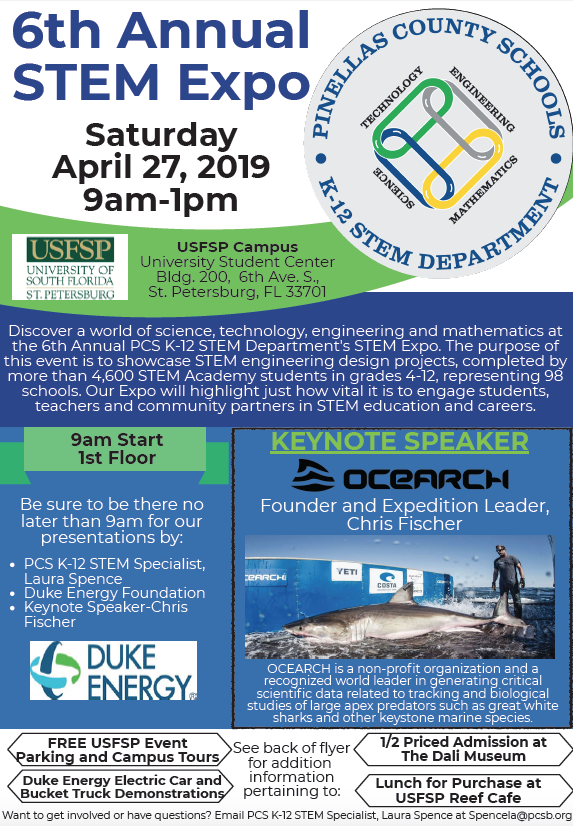 my_pcs's tweet photo. Discover a world of science, technology, engineering and mathematics at the 6th Annual Pinellas County Schools STEM Expo, 9 a.m. to 1 p.m. on April 27 at @usfsp. Keynote speaker will be Chris Fischer, founder and expedition leader of @OCEARCH. https://t.co/rVc7hiw8Ty  #PCSSTEM https://t.co/TSd0jTvStr