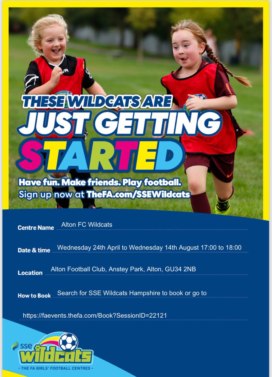 vicharry08's tweet image. @alton_fc have become a SSE Wildcats Centre for girls aged 5 to 11 years, 16 sessions, every Wednesday between Wednesday 24th April &amp;amp; Wednesday 14th August, £3 a session. To book faevents.thefa.com/Book?SessionID… #girlsdevelopment