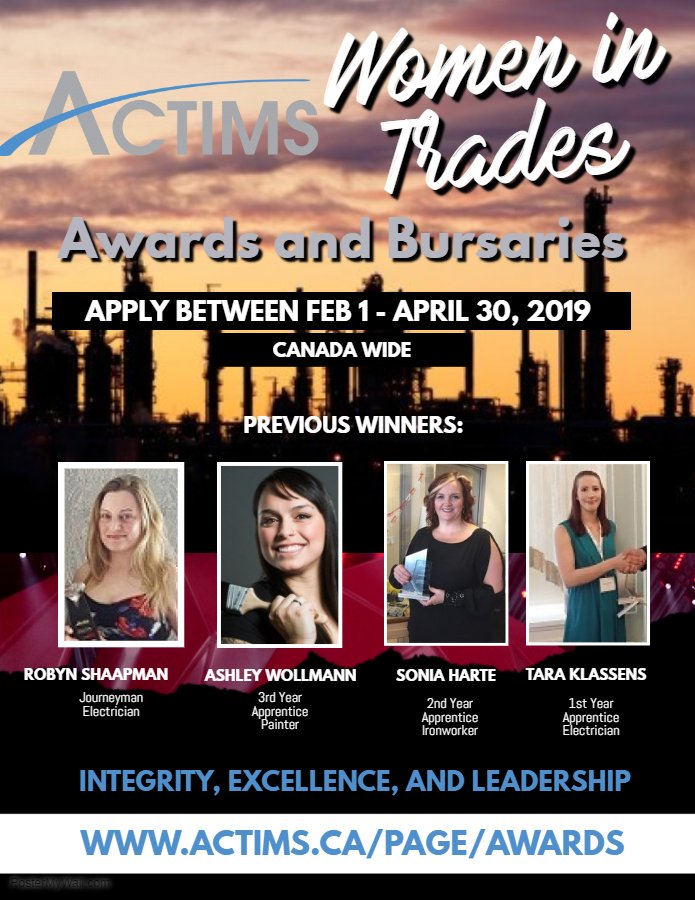 actims's tweet photo. @jennkfrench Women In Trades Award/Bursaries is an annual Nationwide Program created to recognize Canadian women who are members of the Canadian Building Trades, and to bring awareness of opportunities in the skilled trades. provides 3 recipients w/ $1,500 https://t.co/l2j7c55Pry https://t.co/fpV53UZk3X