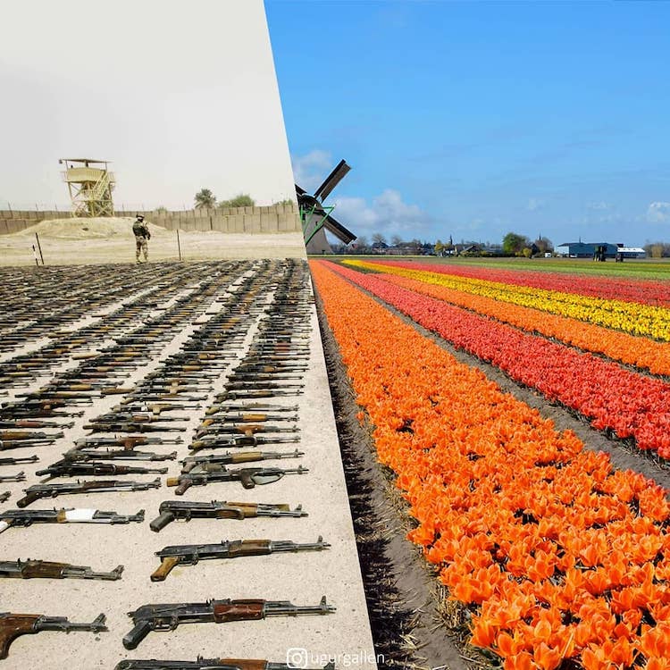 canalacultura's tweet photo. El mundo versus el mundo: Contrastantes trabajos de #collage creados por #UğurGallenkuş a partir de #yuxtaposiciones fotográficas, en los que compara la realidad del mundo occidental con las tragedias del medio oriente, incomodos pero reales, diversión de unos, tragedia de otros https://t.co/Ztv3WccmBY