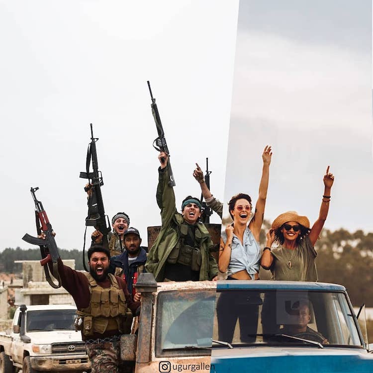 canalacultura's tweet photo. El mundo versus el mundo: Contrastantes trabajos de #collage creados por #UğurGallenkuş a partir de #yuxtaposiciones fotográficas, en los que compara la realidad del mundo occidental con las tragedias del medio oriente, incomodos pero reales, diversión de unos, tragedia de otros https://t.co/Ztv3WccmBY