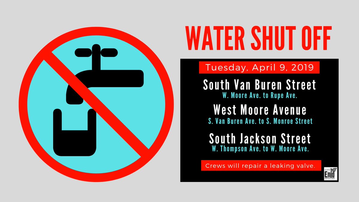 CityofEnidMedia's tweet photo. Water will be turned off by @CityofEnid Utility Maintenance crews to repair main valves on Tuesday, April 9, 2019 in the Wallace Shopping Center vicinity from 9am to 2pm.
#enidok #enid #waterline #waterlinerepair #water #watershutoff #wateroff #nowater #drinkingwater https://t.co/Gjw8p761cc