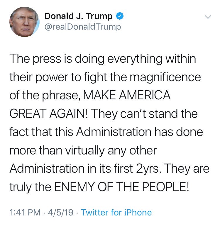 jdubbs0177's tweet photo. #thatpresident is at it again calling the press the enemy of the people, inviting the potential for violence against our #FreePress bc he can’t stand to be called out for all his corruption, obstruction, race-baiting-racist, white nationalist, cruel behavior & policies! https://t.co/BGPGtGmxa1