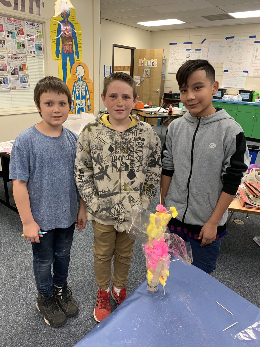 kmabe07's tweet photo. “Spectacular Spring Science” 5th grade style.... building towers that stand with Peeps, popsicle sticks, and toothpicks! @JWKennedy11 thanks for letting me work with these kiddos today! #camscotsproud https://t.co/adNfEkNS8t