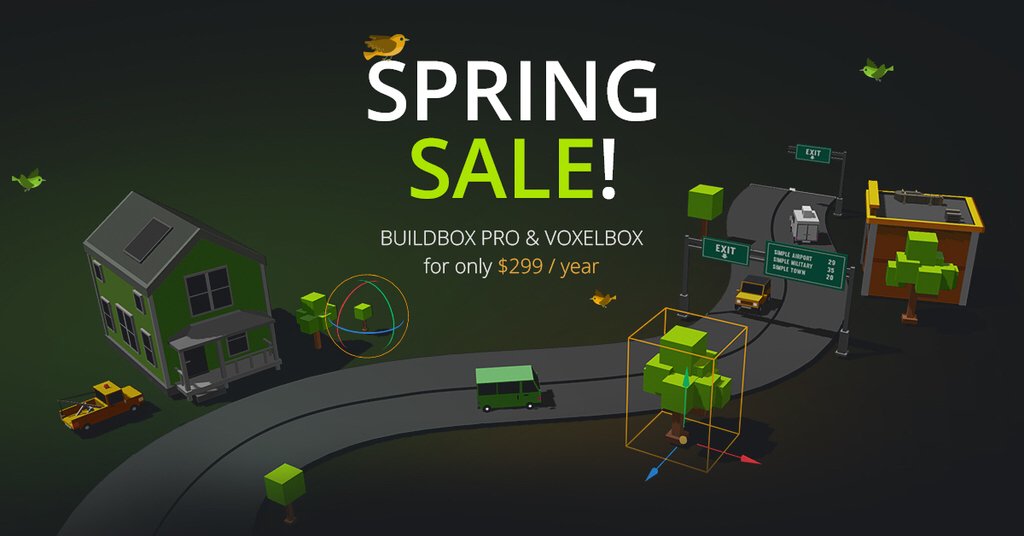 buildbox's tweet image. Happy Friday! Our Spring Sale 🤑 is still going on with a NEW bundle, so if you haven't checked it out yet click here for the details → bit.ly/2UxSssy ← Get Buildbox Pro, Buildbox 3, and our 3D #modelingtool Voxelbox all at a reduced price! #gamedevelopment