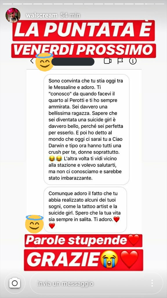 wakemeupfrom's tweet photo. Walscream, la suicide girl che sarà a #ciaodarwin venerdì prossimo, mi ha risposto in privato e ha messo la storia con lo screen dei miei messaggi. QUANTO AMORE È. Aspetto solo venerdì prossimo. Non mi interessa di questa puntata. https://t.co/p1zswJw2jQ