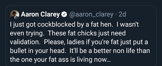 DohLibby's tweet image. "Be the timeline you want to see." 🦄 
Report &amp;amp; block abusive cockwombles like this VERIFIED guy, who likes to tell chubby women to kill themselves. Lovely 🙄
#ByeByeAaronClarey #BetYourMumsProud
#BodyPositivity #AntiSuicide #NoFatShaming #smallPI