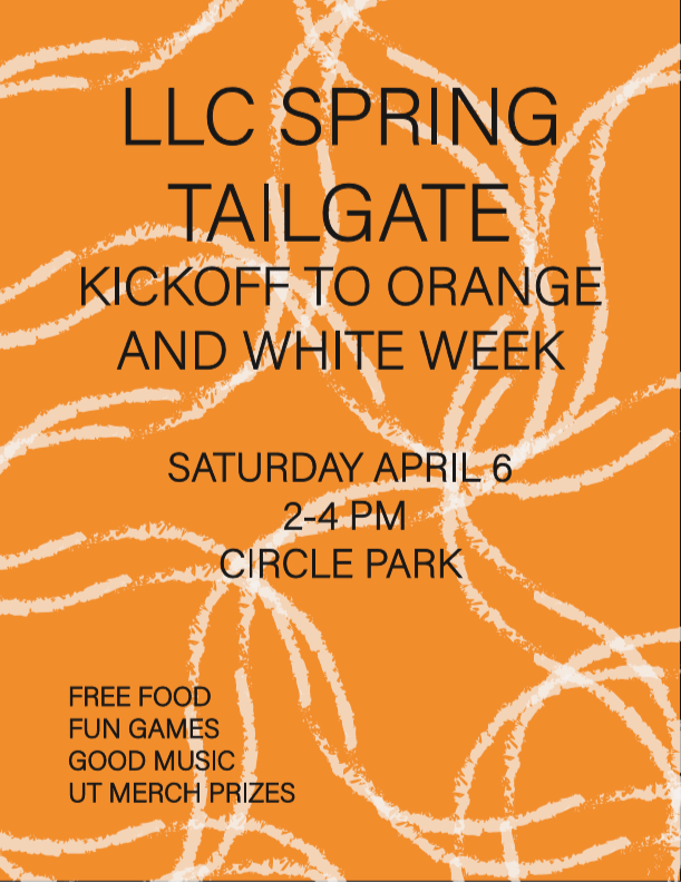 utkllc's tweet photo. Attention Current LLC students! We hope to see you tomorrow, Saturday April 6th, at 2:00 pm at Circle Park for the LLC Spring Tailgate. Stop by for food, a visit from our favorite mascot Smokey, games, prizes, and more! https://t.co/Af9M3ZinIb