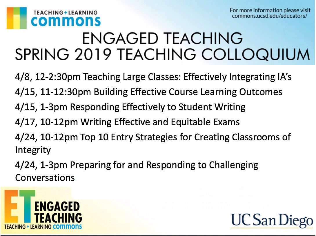 UCSD_Commons's tweet photo. The UC San Diego Spring 2019 Teaching Colloquium aims to bring together educators in a collegial environment to share evidence-based, learner-centered, and equitable teaching practices. Learn more at https://t.co/raE6fnL5hx https://t.co/bkLhrVisoR