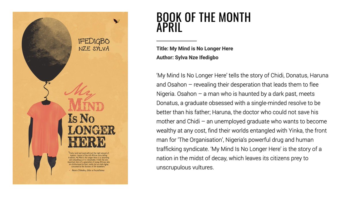 MainlandBookCaf's tweet photo. #BookOfTheMonth
My Mind is No Longer Here - by Sylva Nze Ifedigbo @nzesylva 
Blurb: Four men from different corners of Nigerian society find their fates tied to one man: Yinka. Drawn by desperation to leave Nigeria, the men are drawn to Yinka - a self-styled consultant. https://t.co/JFe802iRau