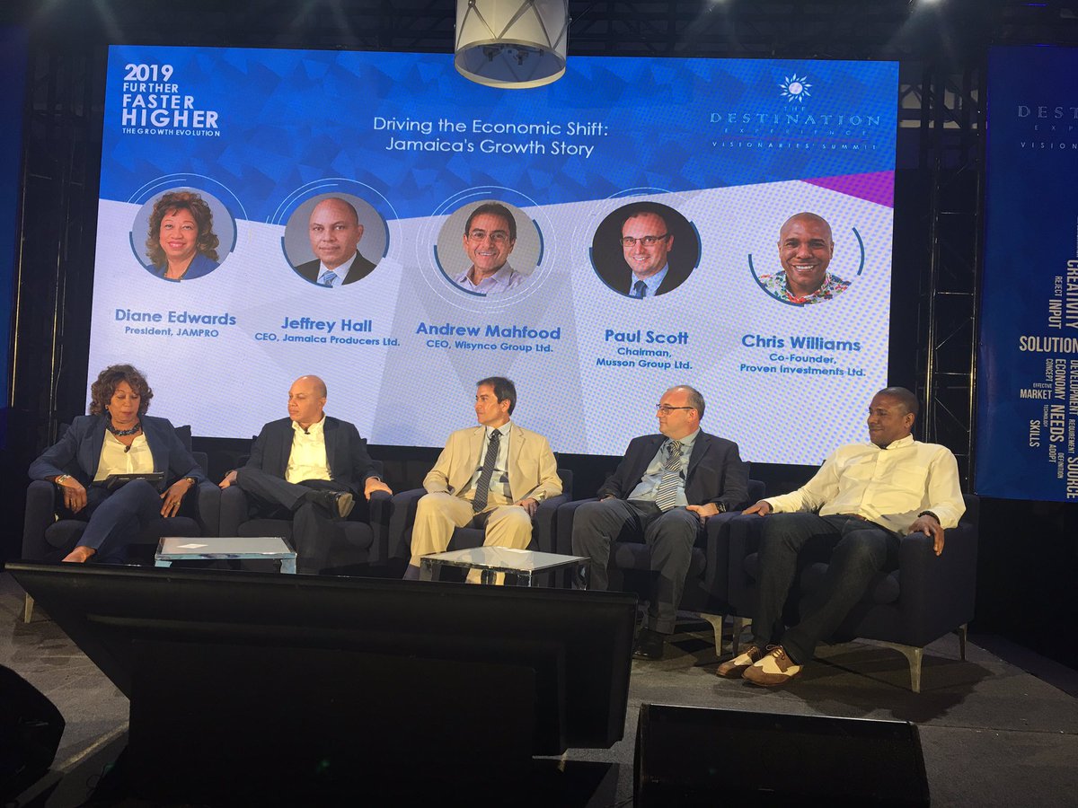 watsocec's tweet photo. Last session of the day (Driving The Economic Shift -Jamaica Growth Story) moderated by @Jamprocorp CEO Diana Edwards. Business magnates on panel: Jeffrey Hall, Andrew Mahfood, PB Scott and Chris Williams. #VisionariesSummit #DestinationExperience https://t.co/jR5i64aJJI
