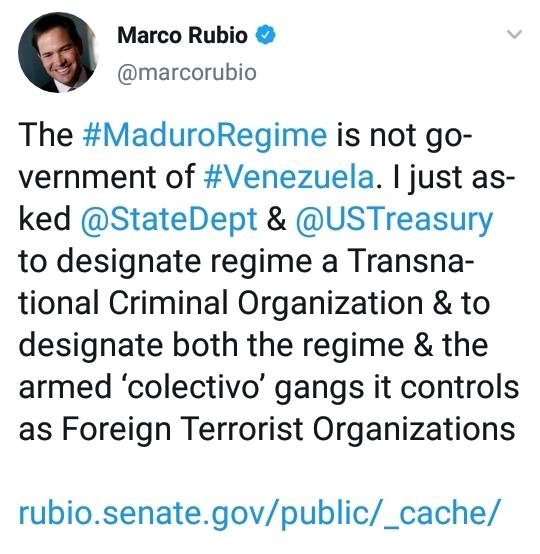 VPITV's tweet image. #AHORA Marco Rubio, (@marcorubio), pidió a @StateDept y @USTreasury que designen al régimen de Nicolás Maduro, como una "organización criminal transnacional"  y que tomen tanto al régimen y colectivos como "Organizaciones Terroristas Extranjeras". #5Abr