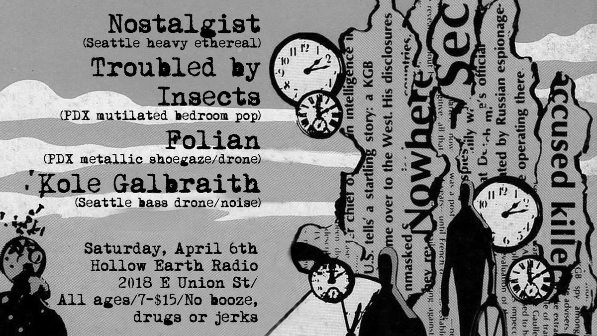 Tomorrow night! Join us for a night of heavy, ethereal, ambient/drone &amp; shoegaze feat. <a href="/nostalgistband/">Nostalgist</a>, Folian, Troubled by Insects &amp; Kole Galbriath.

8:00 door / 8:30 pm PT show / always donation-based entry + all-ages!
 facebook.com/events/2019365…