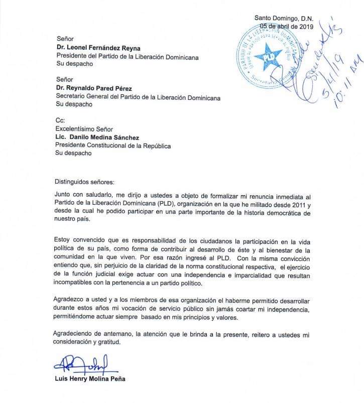 G_GomezJ's tweet photo. Presidente Suprema Corte de Justicia, licenciado Henry Molina Peña,  renuncia como miembro del Comité Central del PLD y del Partido Oficial . https://t.co/ydIAyORzs4
