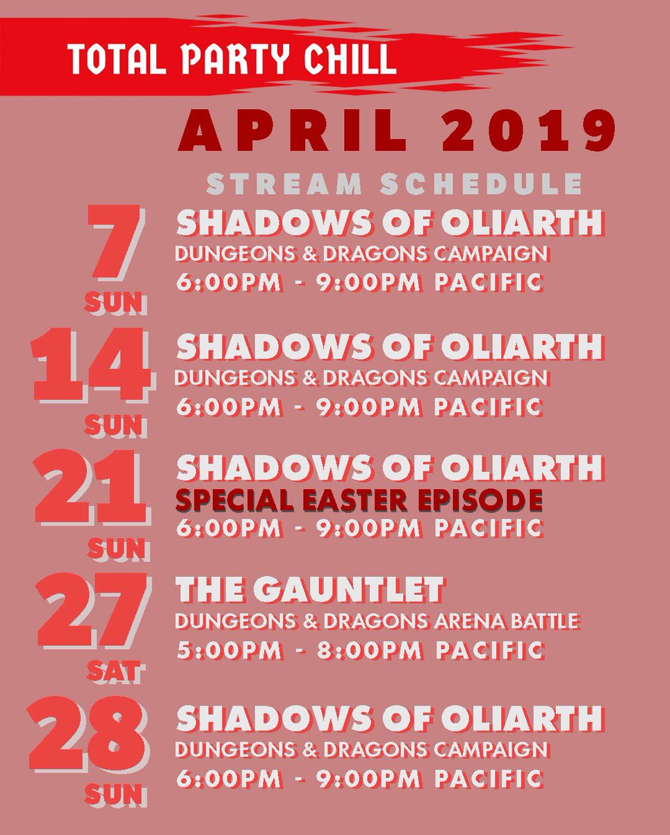 TtlPrtyChll's tweet photo. April is gonna be a blast! We have a special Easter episode on the 21st and this months Gauntlet on the 27th will have three guest stars! @GuiltyCosplay @kaitieplays and @NathanAPerretta 
Let’s have some fun. #DnD #DungeonsAndDragons #strudelarmy https://t.co/i0KTs1P1PO
