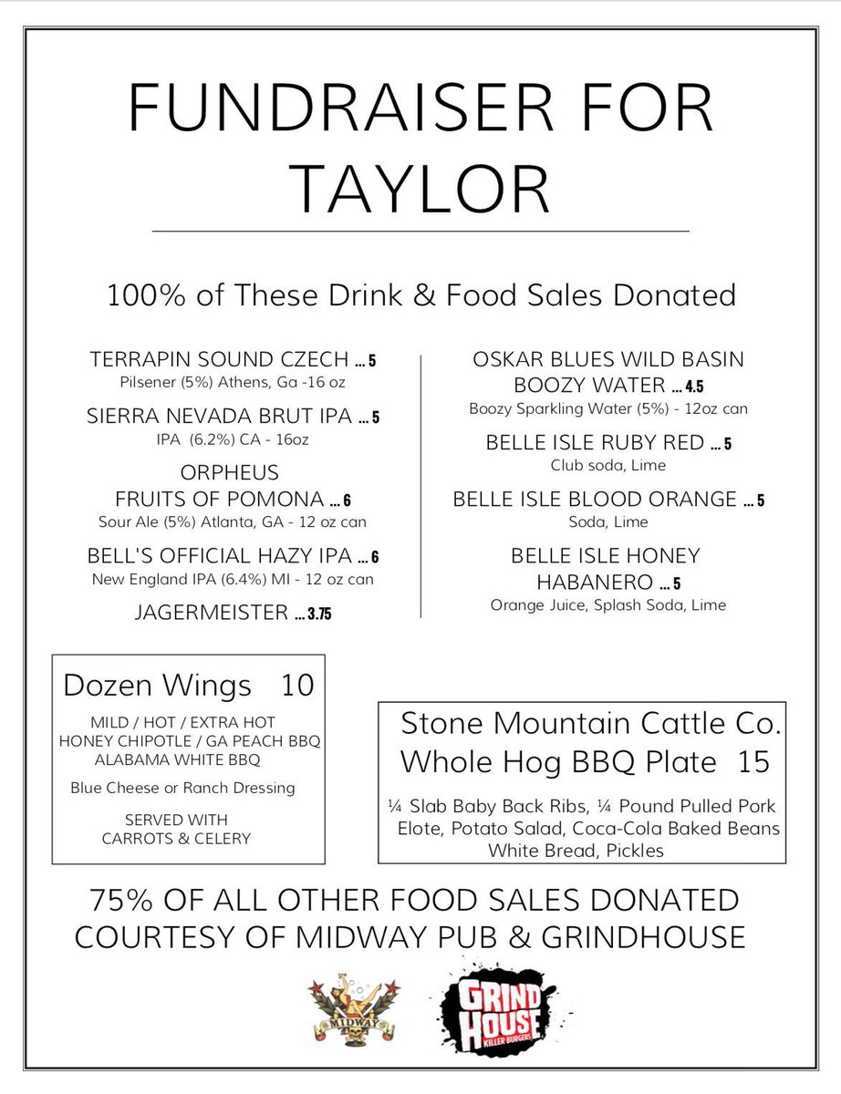 GrindhouseATL's tweet photo. VERY important fundraiser at @midwaypub supporting our amazing employee, Taylor. 100% of proceeds garnered at #MidwayPub tomorrow from 3-8 will go directly to Taylor’s medical expenses and recovery. Visit her GoFundMe page for the full story: https://t.co/StfAw6vyN6 https://t.co/saKhSJ8D8M