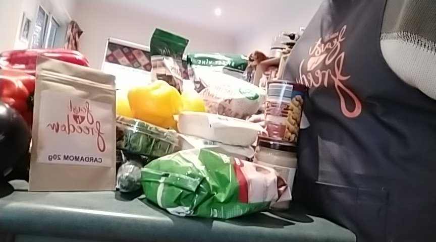katydidinoz's tweet photo. Hosting a #feast4freedom tonight, raising money for @ASRC1 - check my new apron (and all the ingredients about to be transformed!) https://t.co/AuACS6iQBe