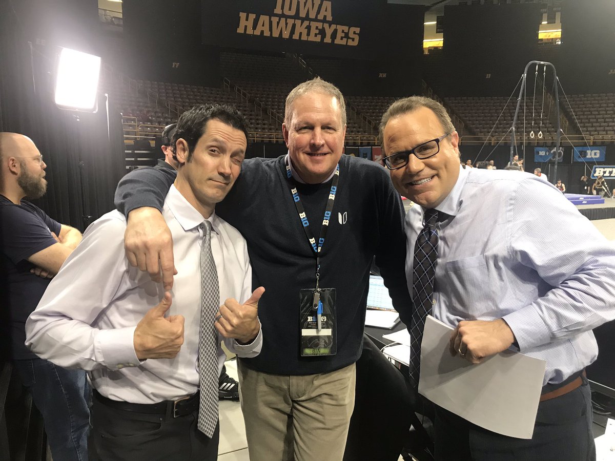 Who loves the men’s Big Ten Gym Champs!?!? These guys! @DeanCLinke @JimRessler Going live on the @BigTenNetwork from @mensgymiowa in 30.  Best meet of the year. Always a classic!