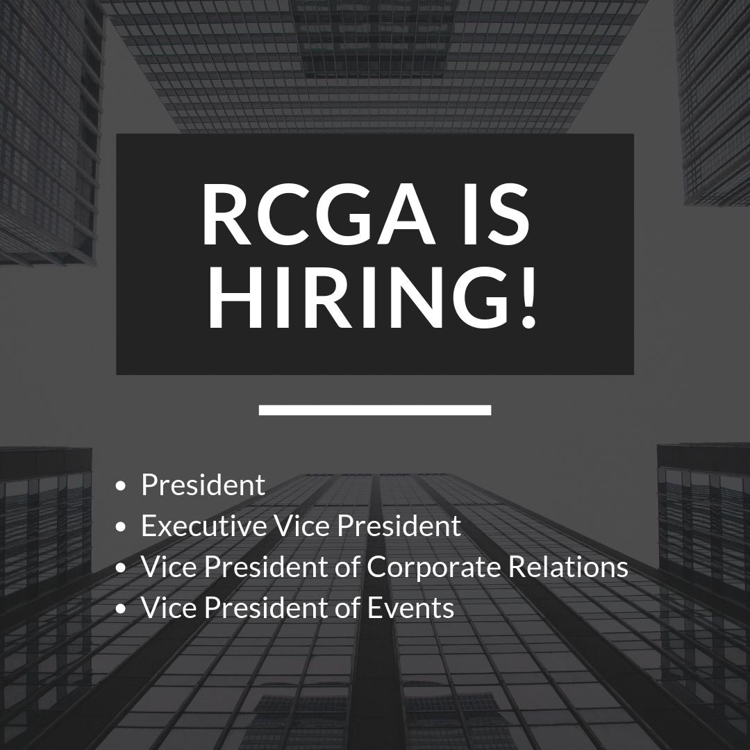 The RCGA is now hiring executive positions for the 2019-2020 year! Deadline to apply is May 1st, 2019 by 11:59pm. We look forward to seeing your application! Best of luck! 🙌 The application link is in the bio